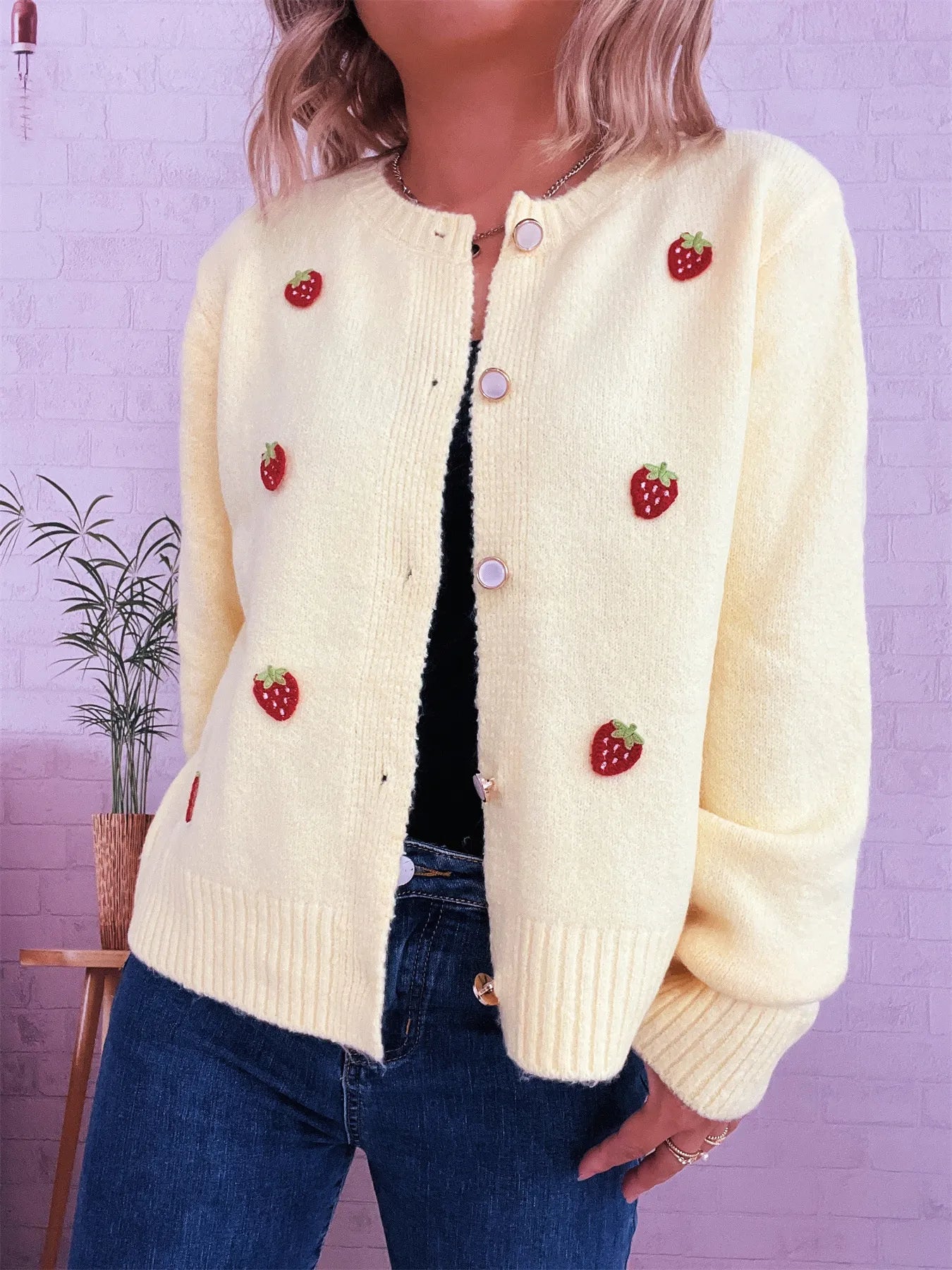 Women's Cardigan Strawberry Button Up Long Sleeve Soft Knit Yellow One Size 4c4b4b6a924a4f29b4fbfeec05c2142b-Max-Origin Trendsi