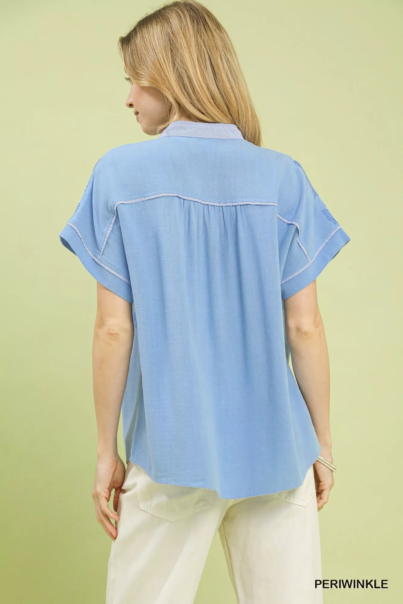 Umgee Blouse Embroidered Button Front Light Blue Short Sleeve Top 4c5185af-ea87-4fdc-97d2-c841f18a8857-Max-Origin Trendsi