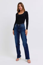 Judy Blue Women Jeans Raw Hem Straight Leg Blue Denim Basic Pants 4c523ed7-c77e-4383-9692-8559b8748fce-Max Trendsi