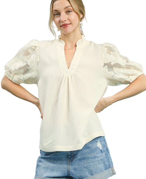 Umgee Textured Blouse with Lace Contrast Sleeves