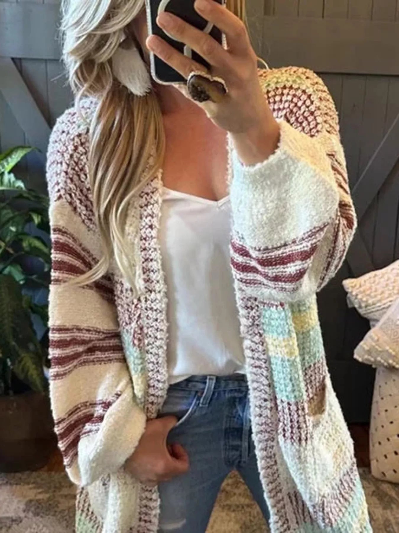 Women's Cardigan Beige Striped Open Front Longline Oversized Knit Beige 4c557686-63aa-4ac1-aa81-dcc1c568d372-Max-Origin Trendsi
