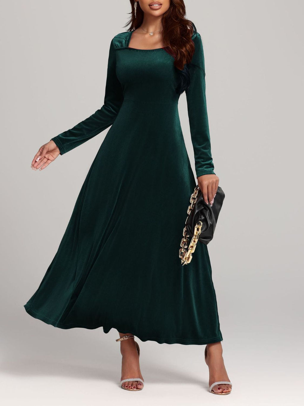 Velvet Midi Dress Square Neck Long Sleeve Women Solid Party Dress 4c5717a2-3ede-4319-bdbe-b168810b0bd5-Max Trendsi