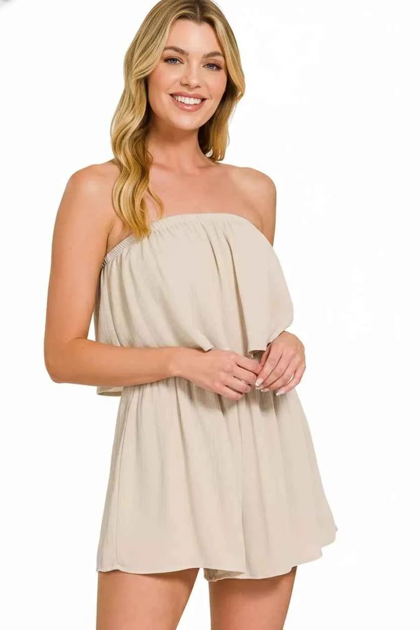 Zenana Woven Crinkle Strapless Rompers