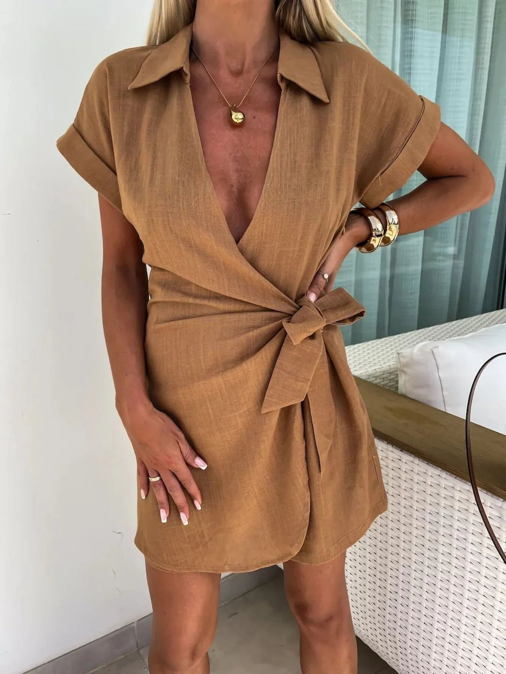 Women's Romper Surplice Bow Tie Waist Short Sleeve Collared Jumpsuit Khaki 4c6498bdfb8e46c995262c71f3ea7ff3-Max-Origin Trendsi