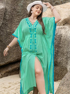 Plus Size V-Neck Dress with Tied Waist and Fringe Detail, Half Sleeves