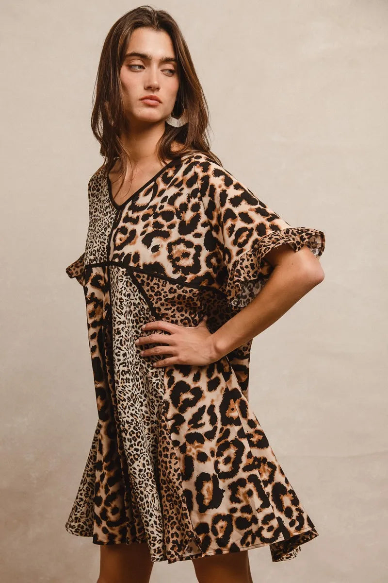 BiBi Leopard Dress Mix and Match Prints Short Sleeves Oversized V Neck 4c712f5707bc4776b4c594e7e639e4c8-Max-Origin Trendsi