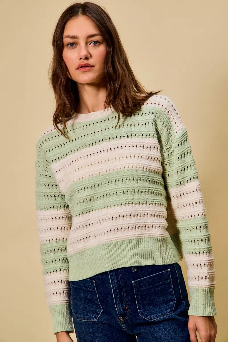 SO ME Women Sweater Openwork Round Neck Wide Stripe Textured Top 4c7c993c-3a2a-4baf-8e08-103184a4b402-Max-Origin Trendsi