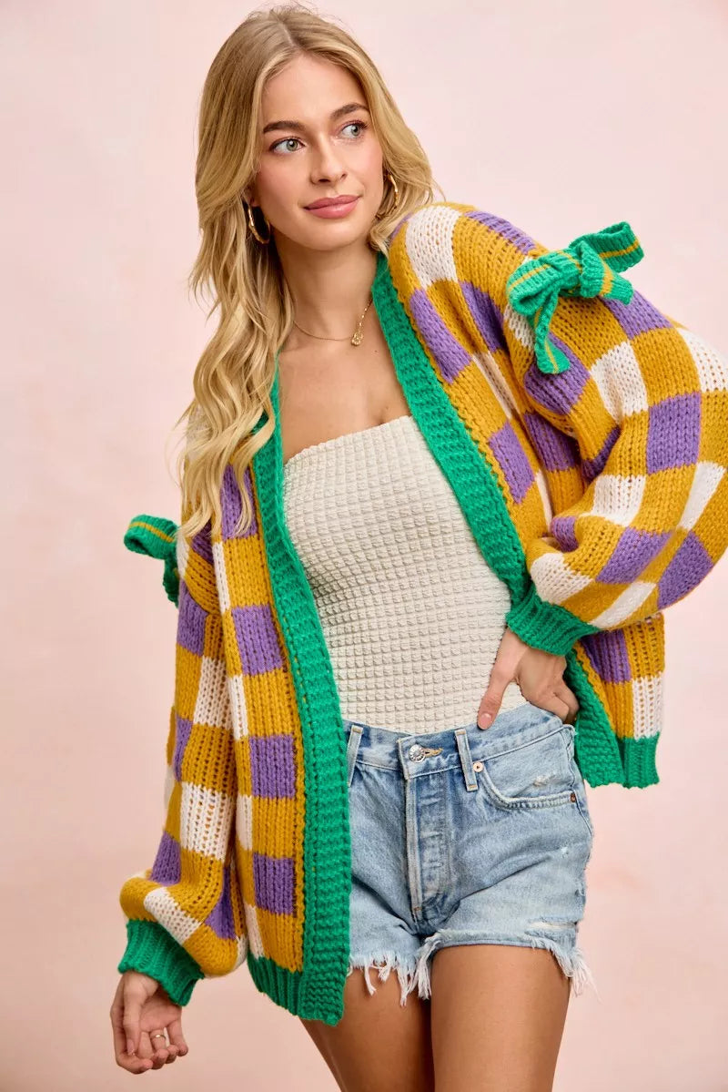 BiBi Women Cardigan Mardigras Checker Board Front Open Bow Sleeves 4c7f78b8c4354c1787c0775e13fee416-Max-Origin Trendsi