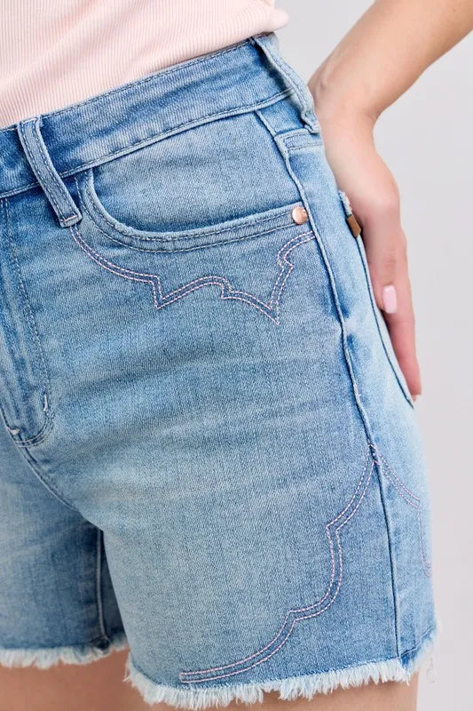 Judy Blue Denim Shorts High Waist Western Embroidery Detail Cut Off 4c8394776ed04e01bdf27f97fbb62acc-Max-Origin Trendsi
