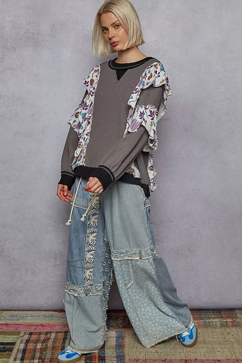 POL Womens Sweater Black Gray Round Neck Top with Floral Ruffle Detail 4c917156-a4db-4cb7-bda8-e66d9cfe985a-Max-Origin Trendsi