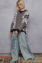 POL Womens Sweater Black Gray Round Neck Top with Floral Ruffle Detail 4c917156-a4db-4cb7-bda8-e66d9cfe985a-Max-Origin Trendsi