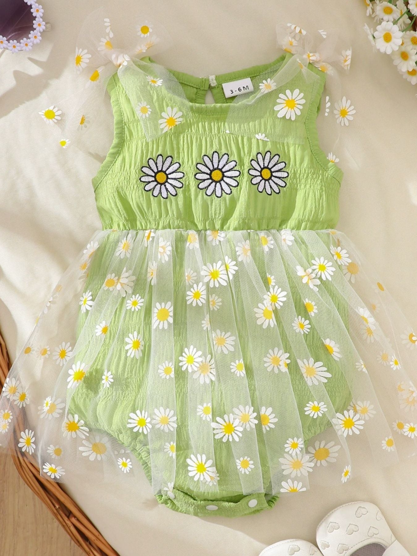 Children's Sleeveless Bodysuit Dress with Daisy Embroidery