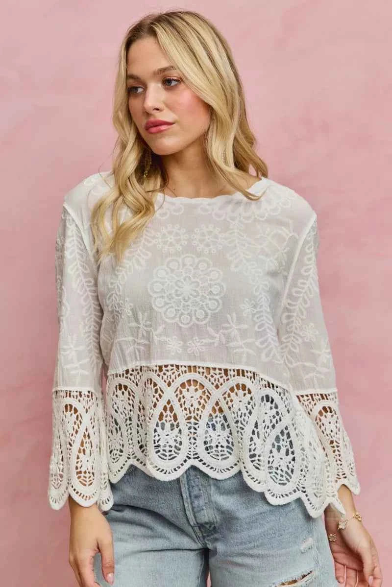 SO ME Floral Embroidered Crochet Lace Trimmed Top