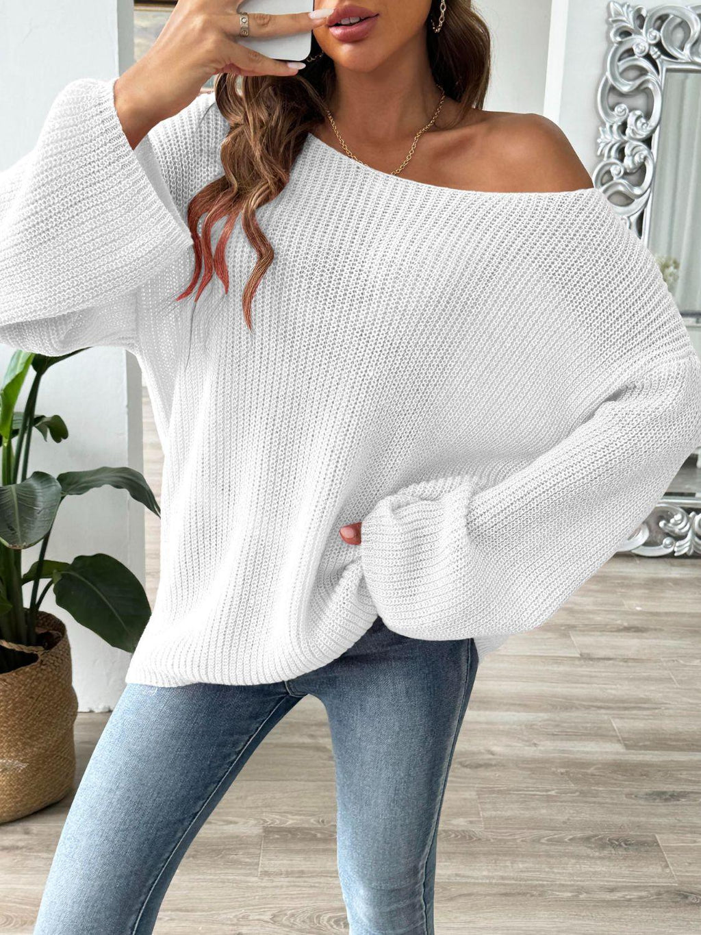 Sweater Oversized Round Neck Long Sleeve Knitwear White 4c9873f0-9f04-4f64-bdf7-af8b51ebb5d4-Max Trendsi