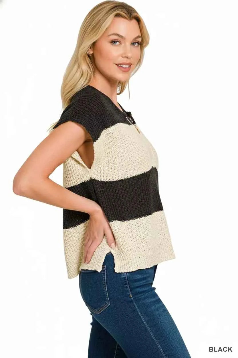 Zenana Black Stripe Sweater Split Neck Sleeveless Knit Top Short Sleeve 4ca50db8-3a3e-4f30-a900-8d0019b13737-Max-Origin Trendsi