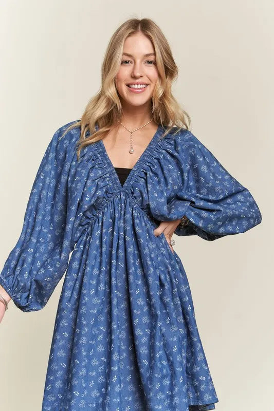 ADORA Mini Dress Batwing Long Sleeves Floral Blue V Neck Oversized 4caa3444f1784e88b1880704f8af4937-Max-Origin Trendsi