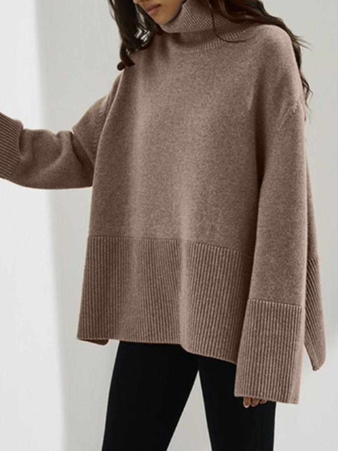 Women Sweater Side Slit Turtleneck Drop Shoulder Long Sleeve Soft Pullover 4cb321fb-633a-45d0-ad19-3751a71a580a-Max Trendsi
