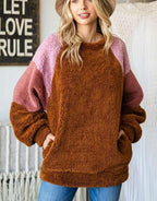 Culture Code Sweatshirt Faux Fur Women Brown Color Block Raglan Sleeve Pocketed Brown 4cb5298c-ba47-4638-9315-d1e817353247-Max Trendsi