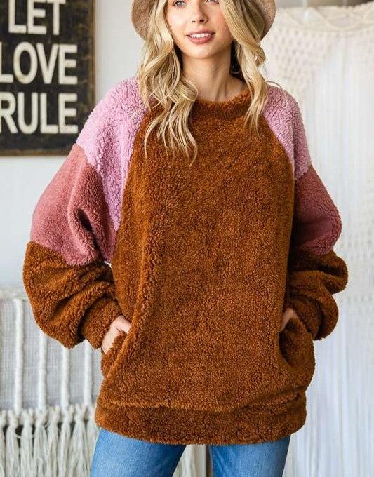 Culture Code Sweatshirt Faux Fur Women Brown Color Block Raglan Sleeve Pocketed Brown