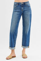 RISEN Women's Boyfriend Jeans Mid Rise Roll Up Cuff Dark Washed Denim DARK 4ccf2a9ad8d54e89bb06b7d8e64b3f5c-Max-Origin Trendsi