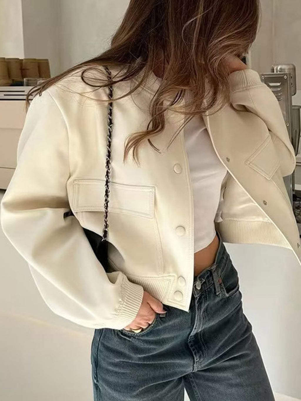 Women Baseball Cropped Jacket Pocketed Solid Snap Collared Long Sleeve 4cd08c06-2b44-4e45-8b2f-738d45b5f271-Max Trendsi
