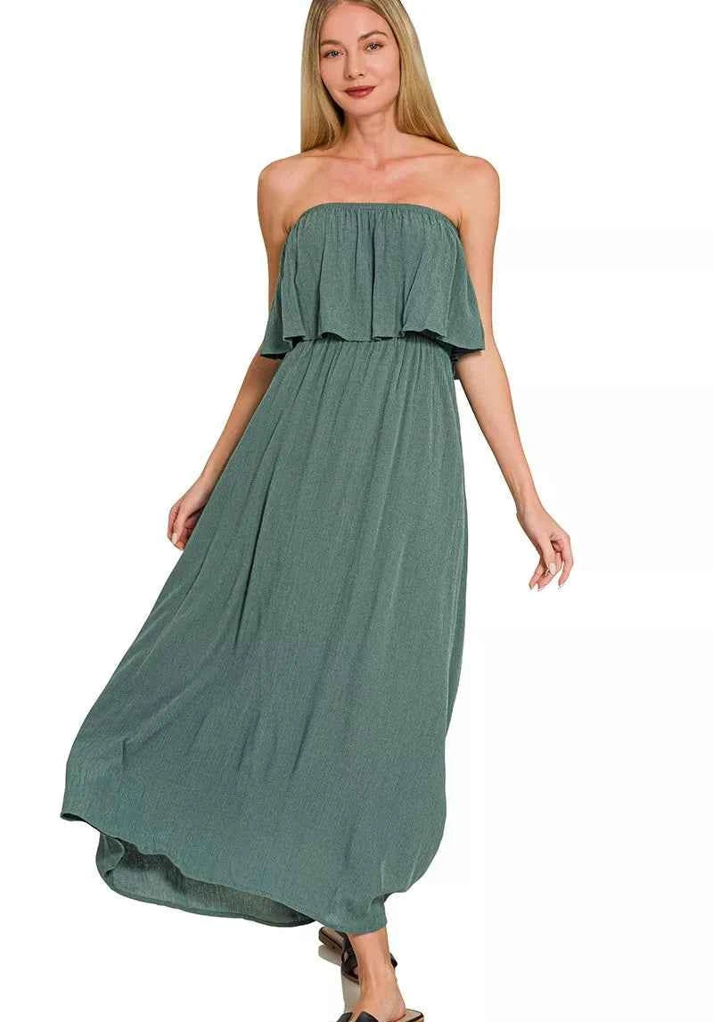 Zenana Woven Crinkle Strapless Maxi Dress