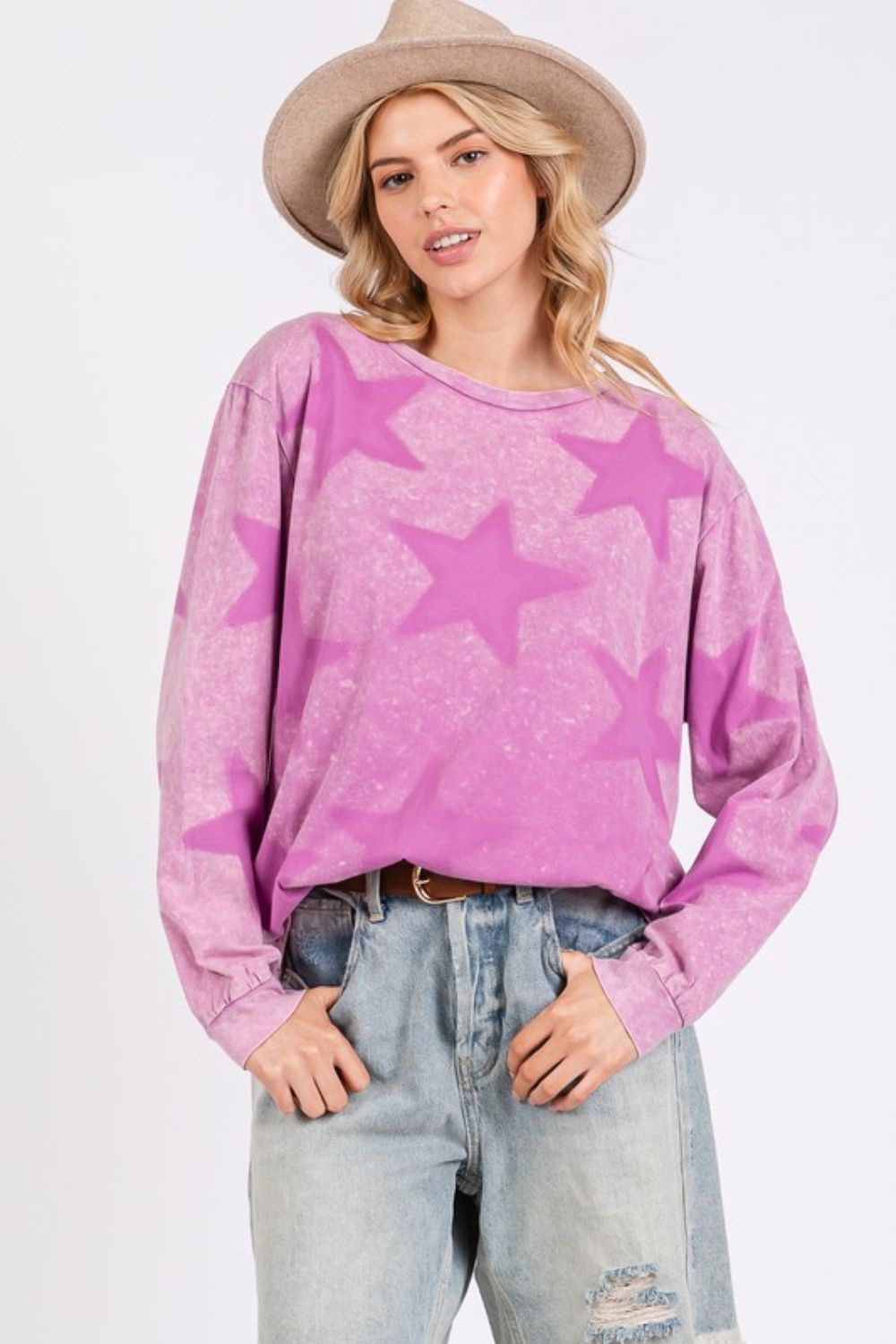 SAGE+FIG USA Star Pattern T-shirt Long Sleeve Mineral Wash Mauve Cotton Tops 4cdcfb4d-7b4a-4b6f-80d8-346f532ff723-Max Trendsi