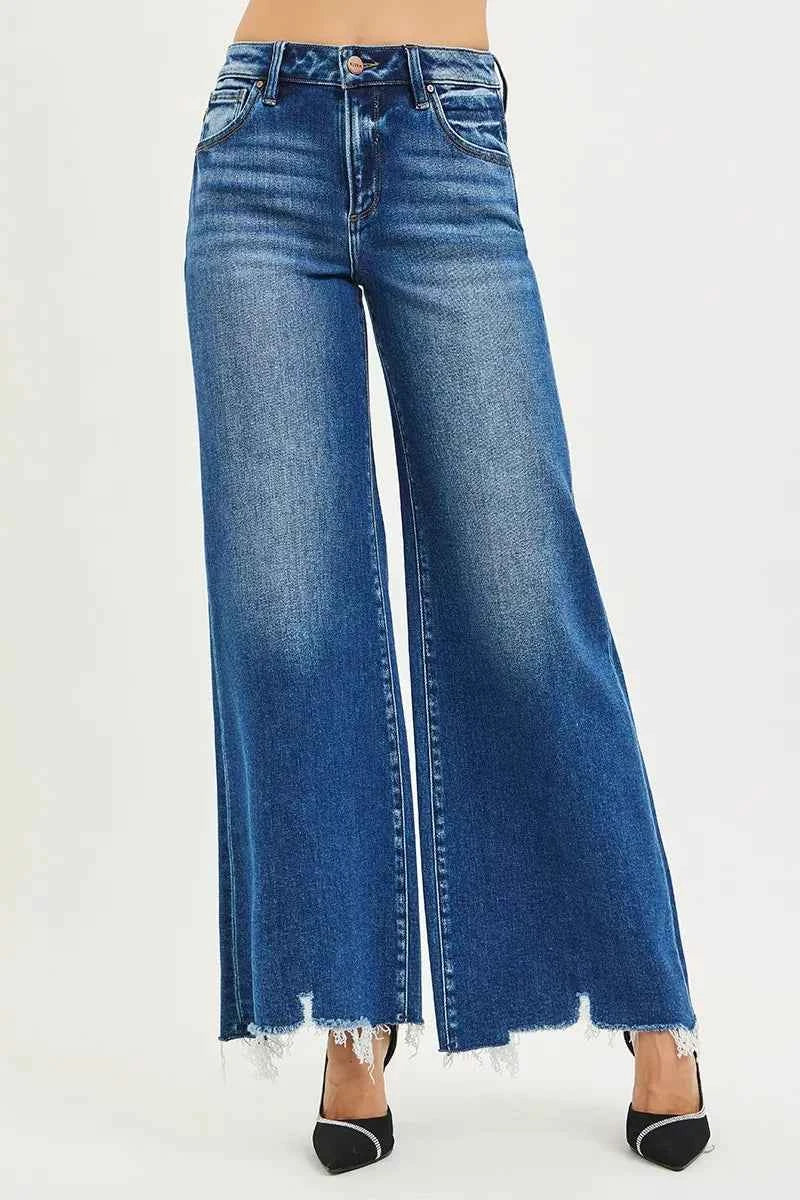 RISEN High Rise Wide Leg Jeans with Distressed Hem DARK 4ce3b7c1c67d40b69c4ff4795c998096-Max-Origin Trendsi