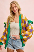 BiBi Women Cardigan Mardigras Checker Board Front Open Bow Sleeves 4ce49c0cdb6e4e138ee9e04b05cc0d89-Max-Origin Trendsi