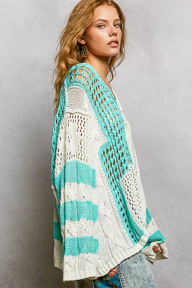 POL Womens Knit Top Aqua Blue Color-Blocked Stripe with Twisted Weave 4ce69e22-eca2-4d35-9401-14a40a89625b-Max-Origin Trendsi