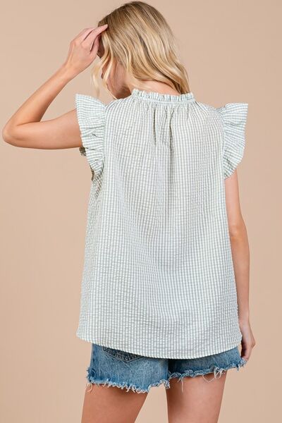 Ces Femme Plaid Blouse Notched Ruffled Cap Short Sleeve Light Green 4ce7ff4a-c2f6-4959-a944-fceade77817c-Min Trendsi