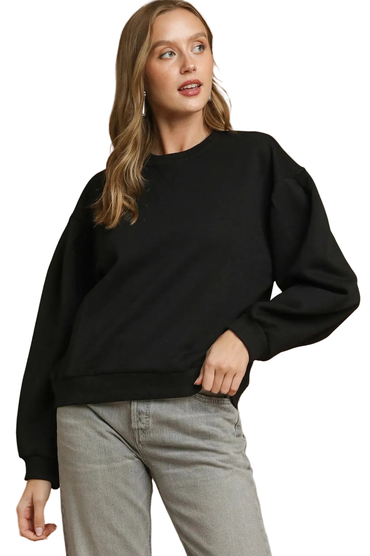 Black oversized crewneck sweatshirt with dropped shoulders, ribbed cuffs, and V-shaped pleated neckline detail on a model