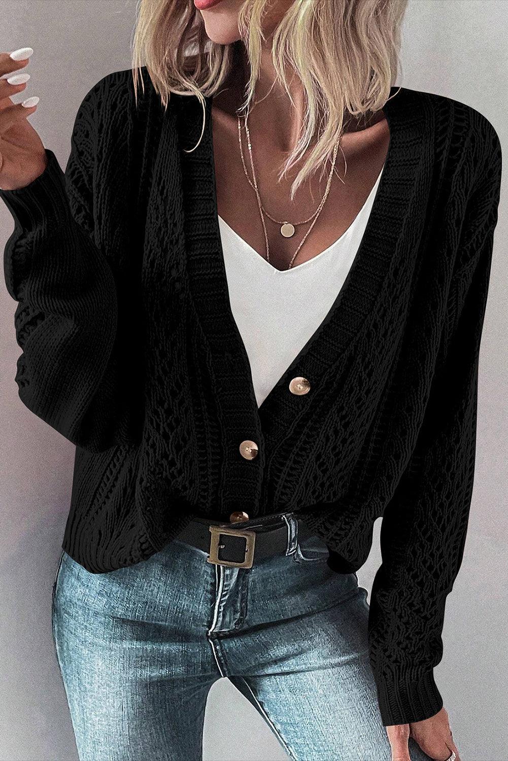 Cardigan Cotton Blend V Neck Openwork Button Up Long Sleeve Black