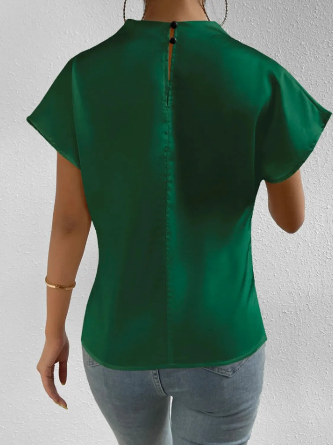 Satin Blouse Mock Neck Pleated Short Sleeve Basic Style Top 4cf28ffe-c803-408a-b550-c021f261db3c-Max-Origin Trendsi