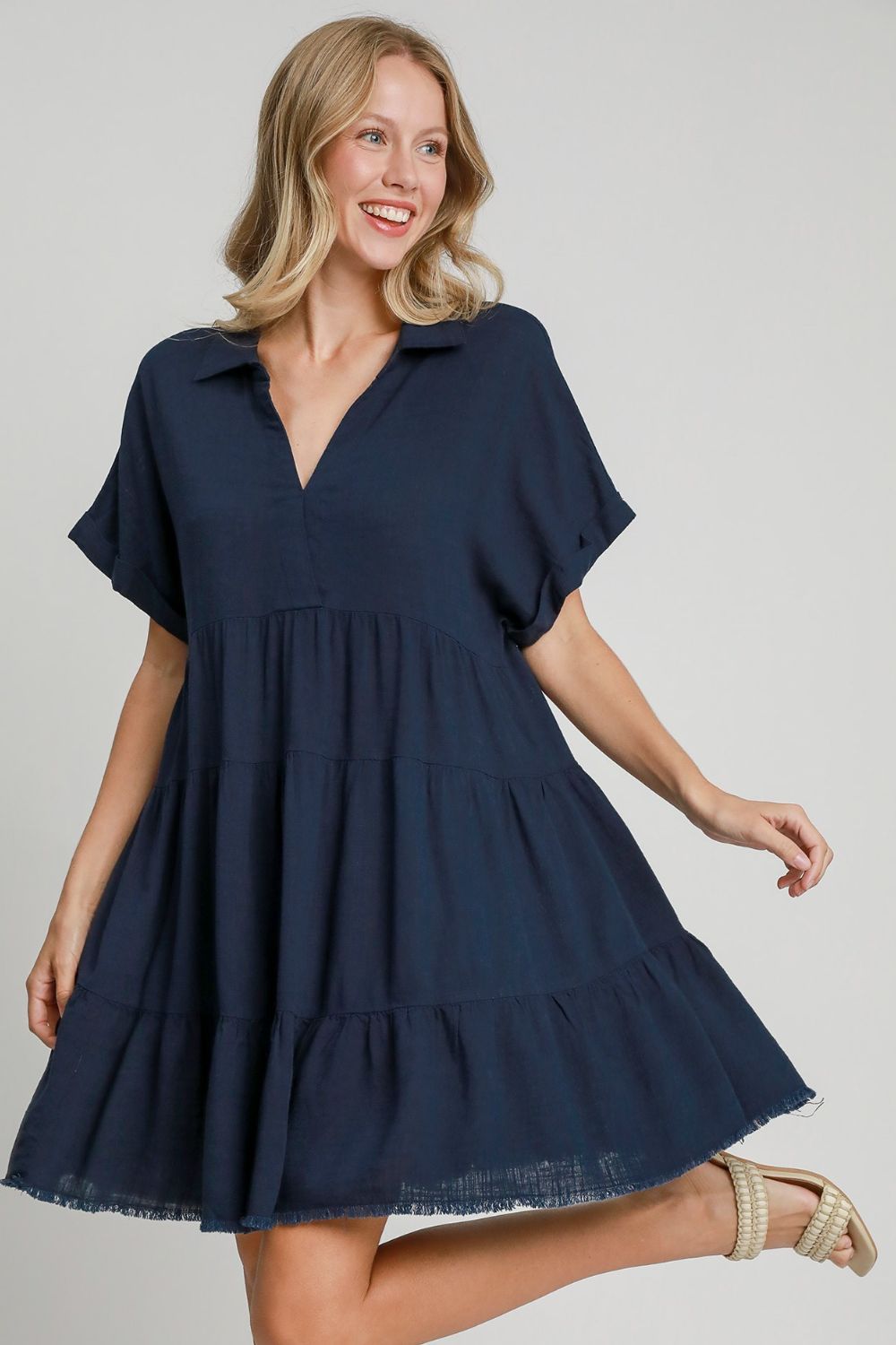 Umgee Mini Dress Ruffle Raw Hem Folded Sleeve Tiered Dark Navy 4cfb0366-4471-4a7f-8bb5-7056677553ef-Max Trendsi