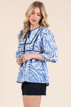 Lime 'N' Chili Blouse Blue Graphic Print Solid Trim Quarter Sleeve Tiered 4d1be15b2f8f45939c96f5e5d2d162d2-Max-Origin Trendsi