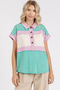 Mittoshop Polo Shirt Color Block Henley Short Sleeve Seafoam Cotton Top Seafoam 4d3c4525-a12f-4099-96c1-5cdf431ecac7-Min Trendsi