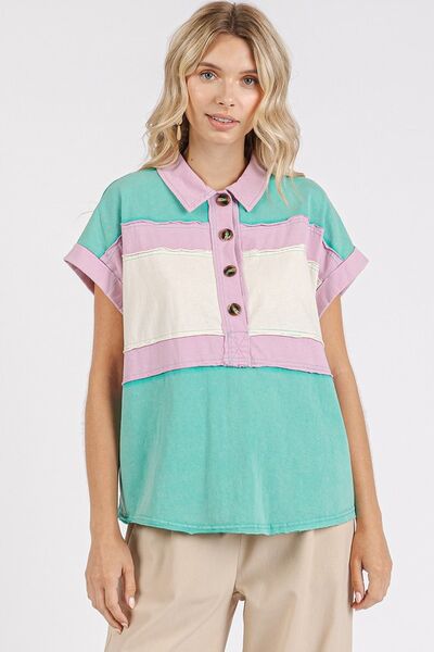 Mittoshop Polo Shirt Color Block Henley Short Sleeve Seafoam Cotton Top Seafoam 4d3c4525-a12f-4099-96c1-5cdf431ecac7-Min Trendsi