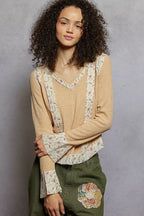 POL Women's Ribbed Top Floral Nude Beige Patch V-Neck Long Sleeve Blouse 4d3f5c17-1d9d-4aca-8b02-49188b52dbc9-Max-Origin Trendsi