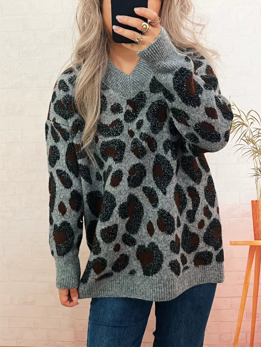 Women's Sweater Leopard Cozy V-Neck Drop Shoulder Long Sleeve 4d4f5061c80845f08c0047c4a7613d34-Max-Origin Trendsi