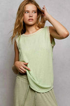 POL Ribbed Round Neck Tank with Lace Trim