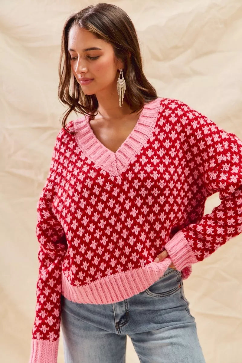 SO ME Christmas Women's Sweater Red Pink Color Block Textured V Neck Top 4d5d2c07aff6429198300b9b8f24e97a-Max-Origin Trendsi
