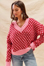 SO ME Christmas Women's Sweater Red Pink Color Block Textured V Neck Top 4d5d2c07aff6429198300b9b8f24e97a-Max-Origin Trendsi