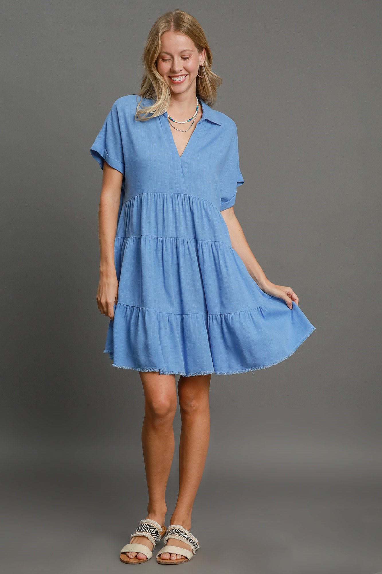 Umgee Mini Dress Sky Blue Ruffle Raw Hem Folded Sleeve Tiered Sky Blue 4d5f4344-74a5-4611-92e8-e9fe86942b4c-Max Trendsi
