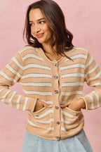 SO ME Women Sweater Cardigan Stripe White Beige Long Sleeves Buttoned 4d6721c456704d3b8b354afb8743684b-Max-Origin Trendsi