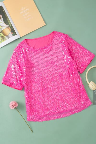 Sequin Blouse Fuchsia Pink Round Neck Half Sleeve Top 4d6e8c6c-816a-4b33-9267-1e144525931c-Min Trendsi