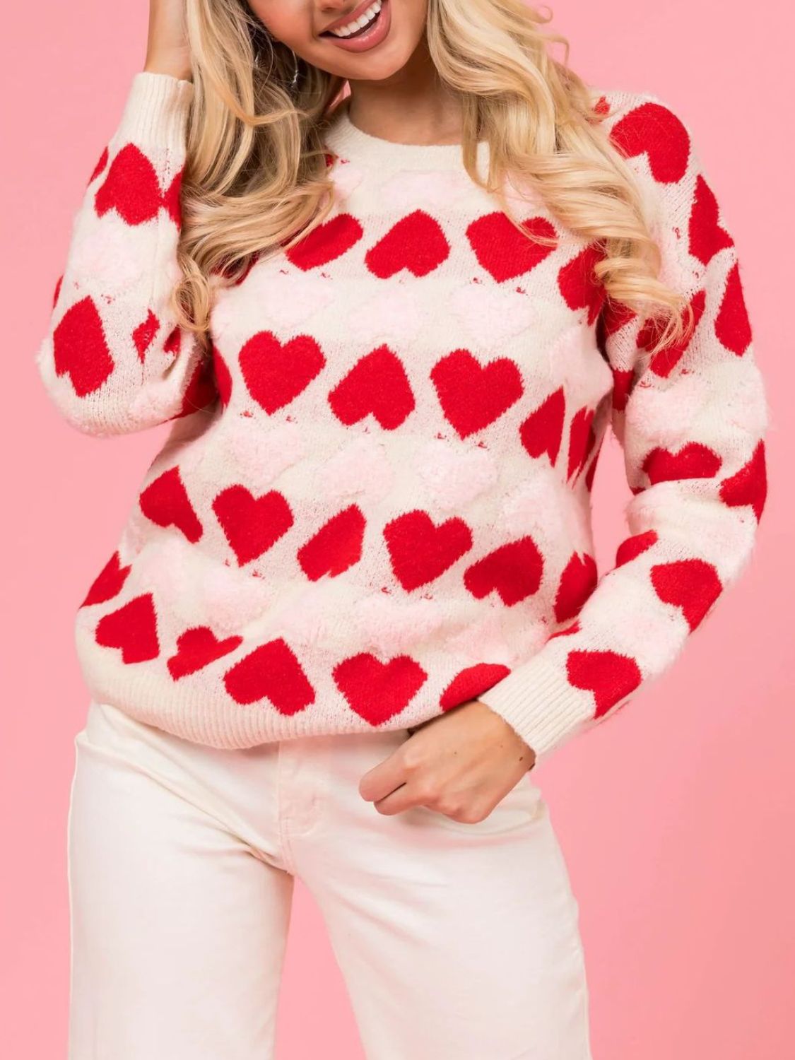 Valentine’s Day Women Sweater Fuzzy Red Heart Round Neck Long Sleeve