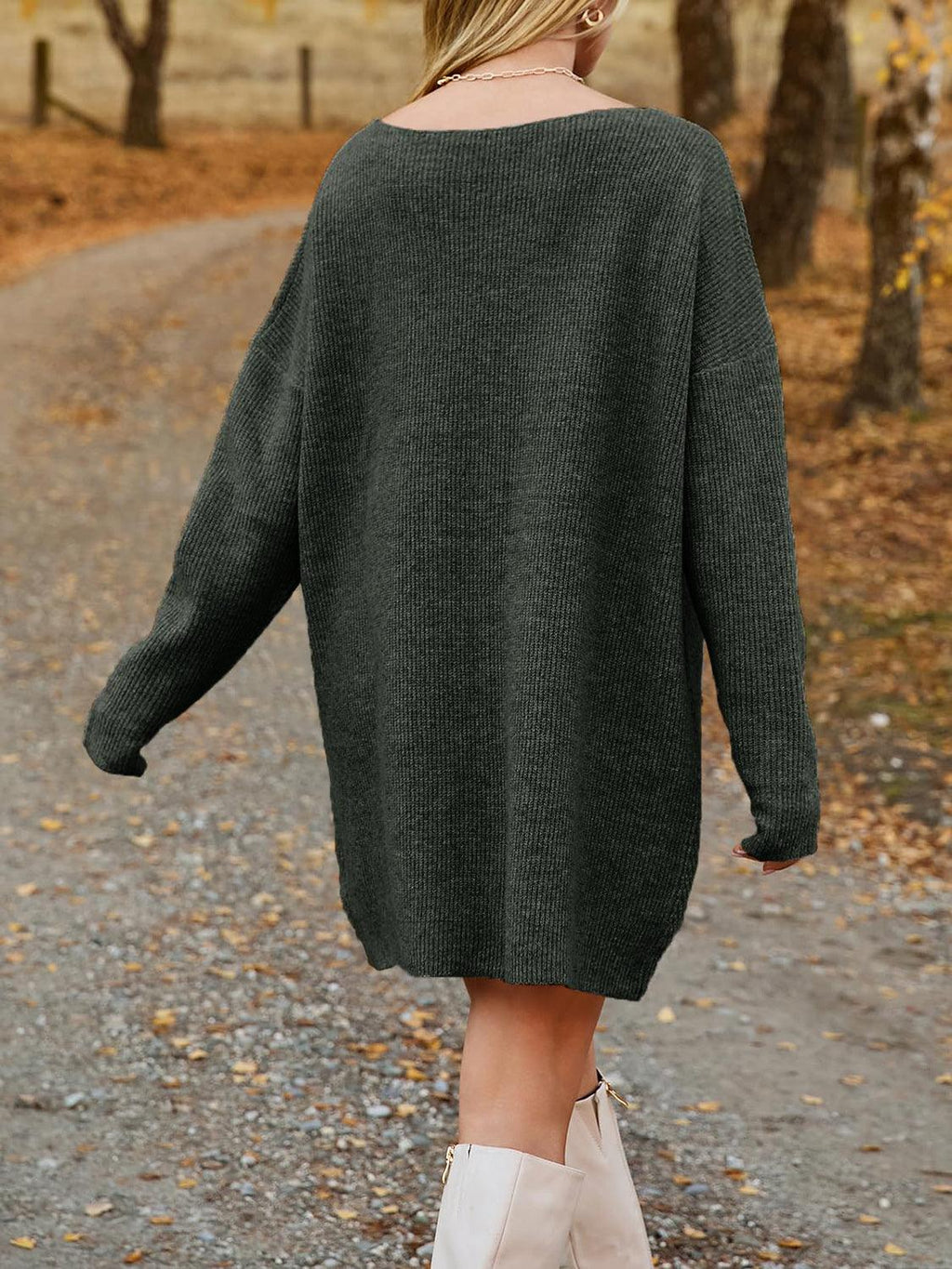 V-Neck Sweater Knit Dress Oversized Dropped Shoulder Sweater Dress 4d788710-f8ba-4319-84da-15c696928040-Max Trendsi