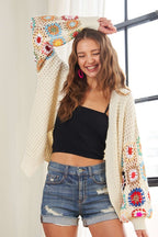 ADORA Women's Cardigan Floral Contrast Crochet Open Front Ivory Long Sleeve Ivory 4d79bb96-3a11-4d10-ab9d-260970331cfa-Max Trendsi