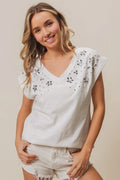 BiBi Cotton T-shirt Slub Jersey Rhinestone Flowers Beaded V Neck Top OFF WHITE 4d823716c3ff4945a9d503cf17bfbb86-Max-Origin Trendsi